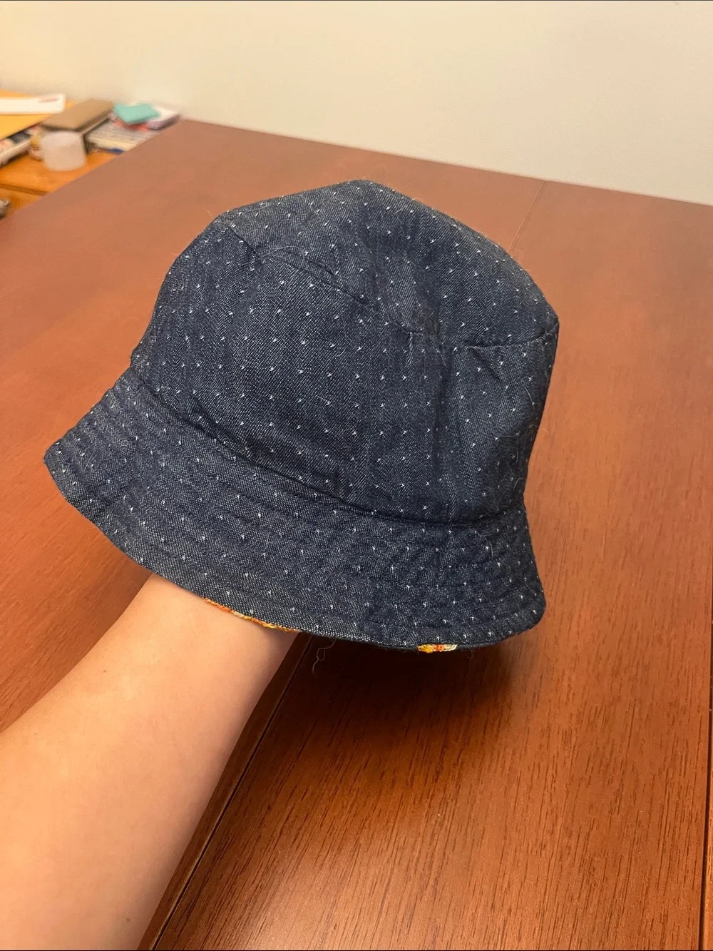 Embroidered Floral Denim Bucket Hat - Navy reversible kids